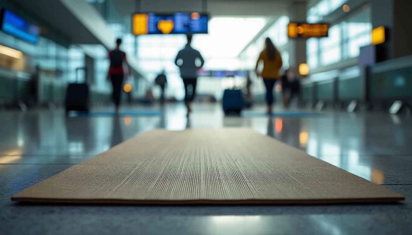 découvrez notre tapis de yoga de voyage, léger et compact, idéal pour vous étirer et vous relaxer entre deux vols. profitez de chaque instant pour maintenir votre bien-être où que vous soyez.