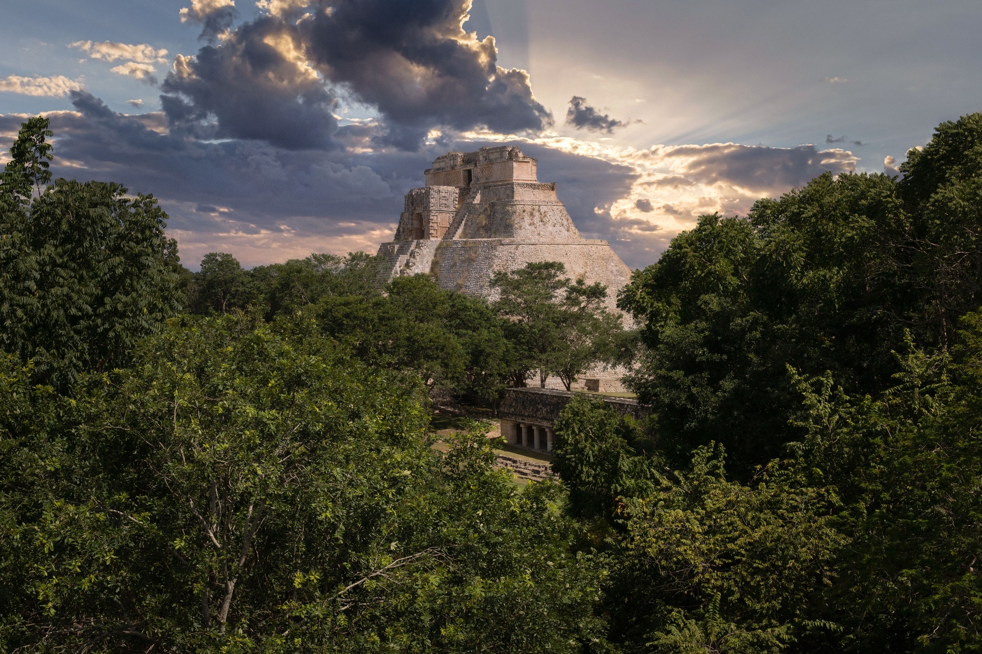 Picturesque view of the famous Pyramid of the Magician in Uxmal city, Yucatan