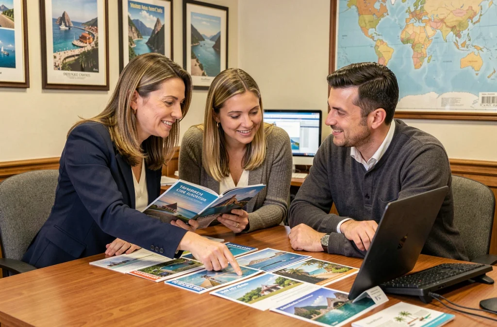 Couple en consultation avec une agence de voyage classique pour planifier leurs vacances