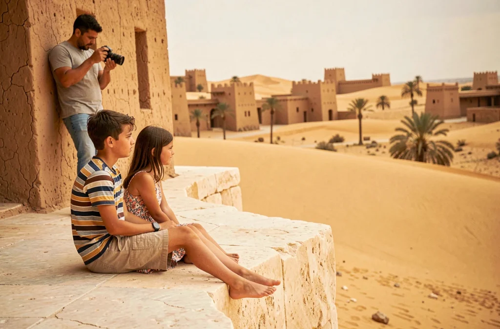 Enfants admirant le paysage désertique d'Aït Benhaddou au Maroc lors d'une excursion en famille