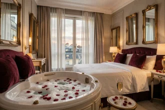 Chambre d'hôtel romantique à Paris avec jacuzzi privatif, pétales de rose et décoration luxueuse en velours bordeaux