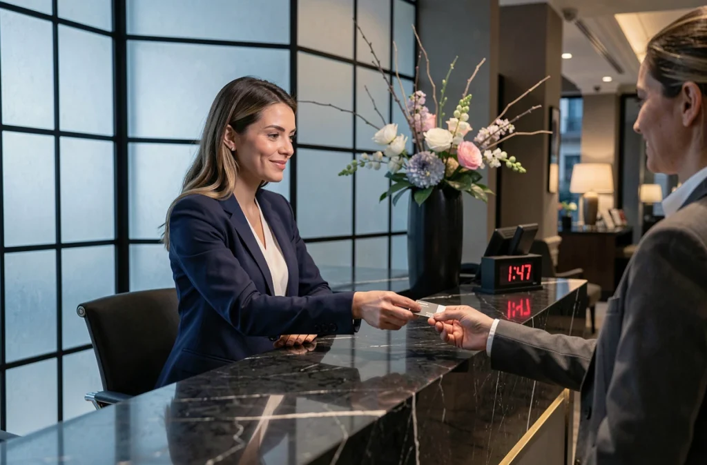 Réception d'hôtel parisien la nuit avec check-in tardif, réceptionniste en blazer marine remettant une carte-clé à un client