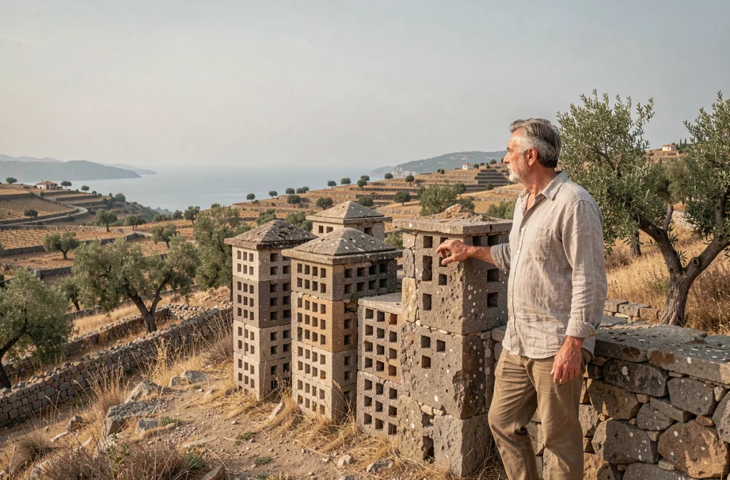 Colombiers traditionnels en pierre de schiste sur les collines de Tinos avec voyageur contemplant le paysage agricole des Cyclades