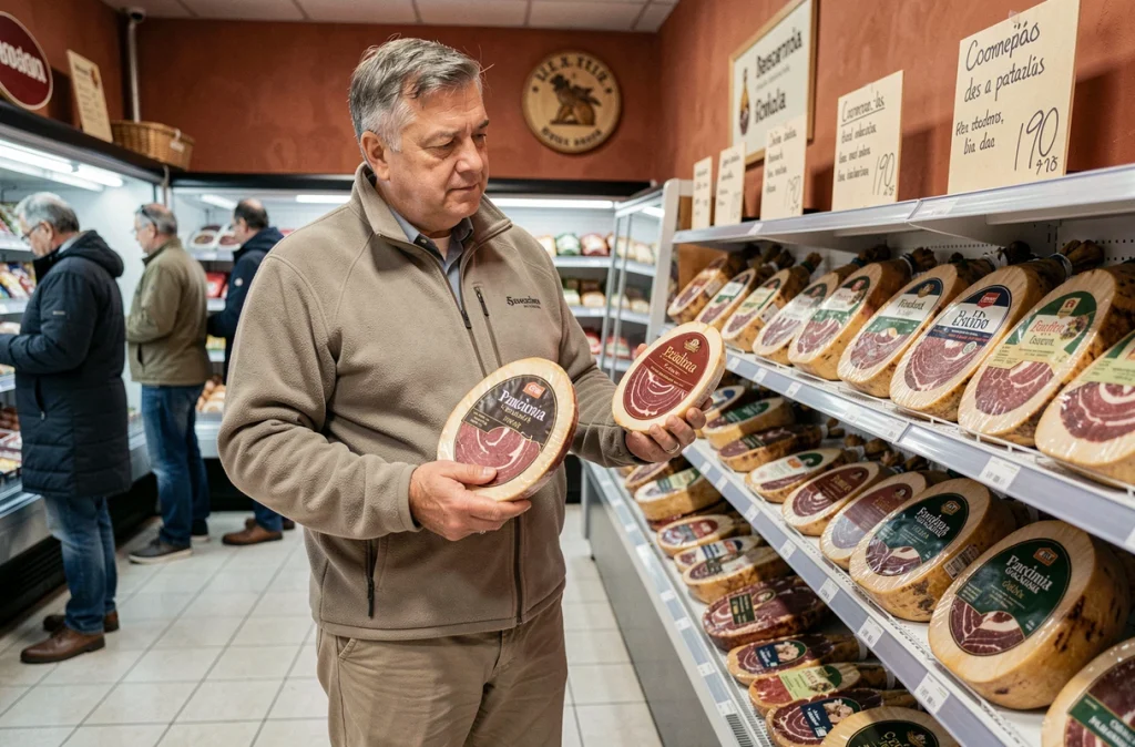 Homme comparant des produits de charcuterie espagnole dans un supermarché de Dancharia pour trouver les meilleures affaires