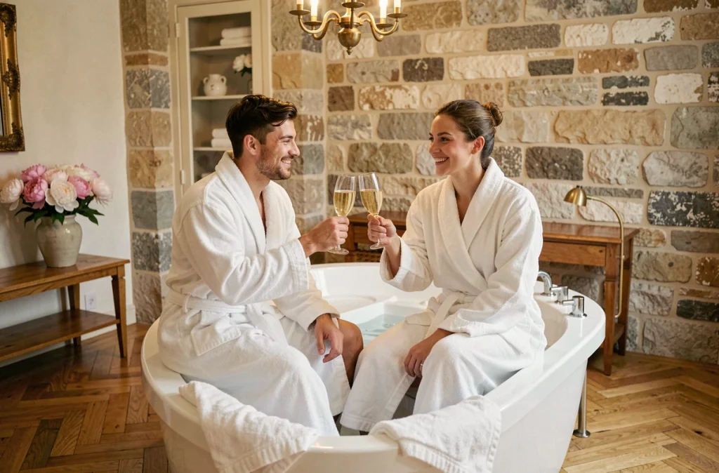 Couple en peignoir blanc trinquant au champagne près d'un jacuzzi dans une suite romantique d'un hôtel parisien