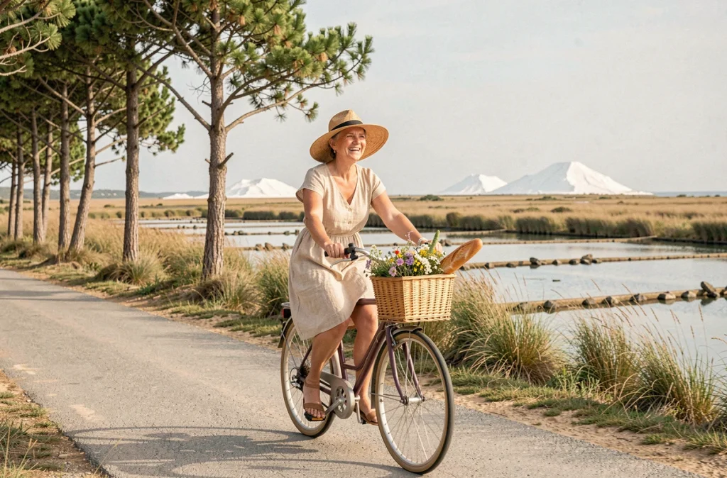 Femme à vélo sur une piste cyclable de l'île d'Oléron longeant les marais salants près de La Cotinière