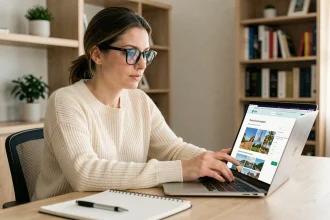 Femme utilisant un site de devis en ligne pour organiser ses vacances depuis son bureau à domicile