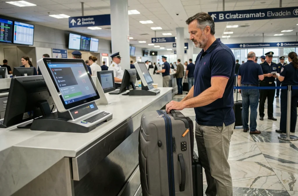 Voyageur posant sa valise sur la balance à l'enregistrement aéroport pour vérifier le poids autorisé en soute