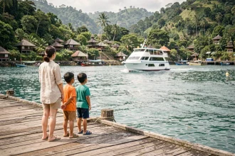 Famille avec enfants attendant le ferry sur le quai de Padangbai à Bali, vue sur la mer turquoise