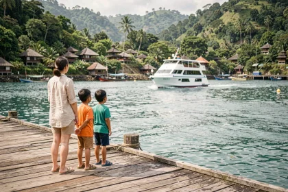 Famille avec enfants attendant le ferry sur le quai de Padangbai à Bali, vue sur la mer turquoise