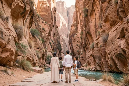 Famille marocaine découvrant les Gorges du Todra, site naturel accessible au Maroc