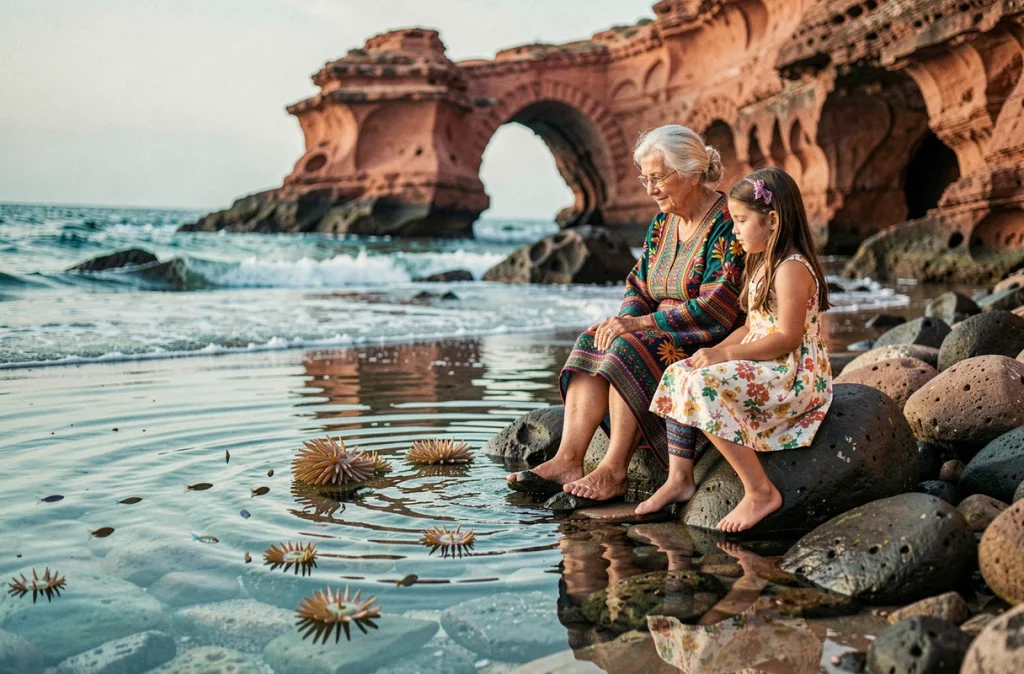 Grand-mère et petite-fille explorant les plages naturelles de Legzira au Maroc en famille