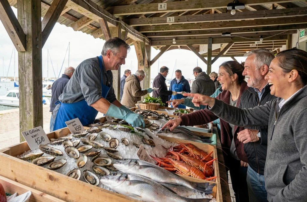 Étal de fruits de mer frais au marché de La Cotinière sur l'île d'Oléron avec huîtres et poissons locaux
