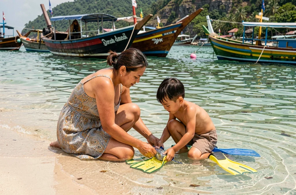 Mère aidant son enfant à enfiler des palmes de plongée sur la plage de Padangbai avec des barques de pêcheurs balinais en arrière-plan