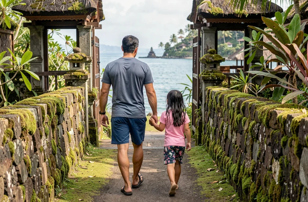 Père et enfant se promenant sur un sentier côtier de Padangbai entouré de végétation tropicale et de murs en pierre