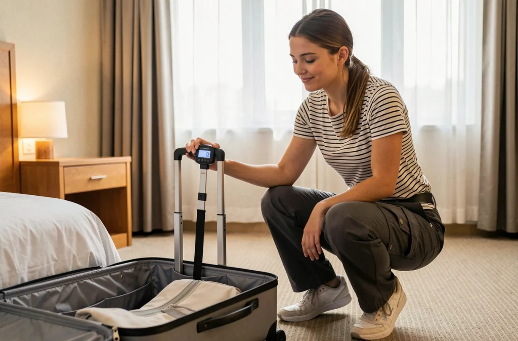 Jeune femme pesant sa valise avec une balance à bagages portable dans une chambre d'hôtel avant son vol