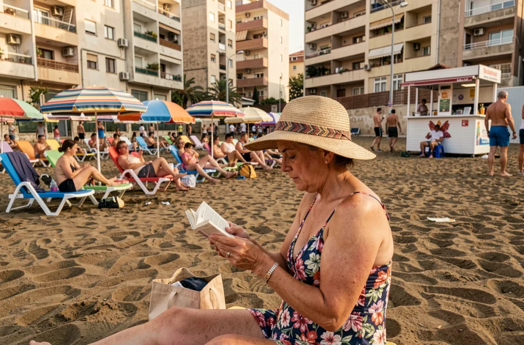 Plage urbaine animée d'Héraklion avec familles locales, parasols colorés et immeubles en arrière-plan