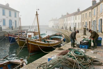 Port de La Cotinière à l'île d'Oléron avec bateaux de pêche colorés et pêcheurs locaux au petit matin