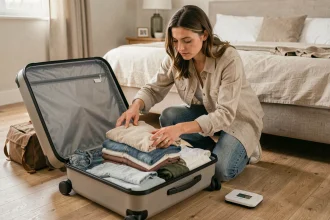 Femme organisant ses vêtements dans une valise avec une balance à bagages pour respecter le poids en soute