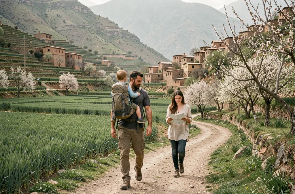 Famille en randonnée dans la vallée de l'Ourika dans l'Atlas marocain avec un jeune enfant