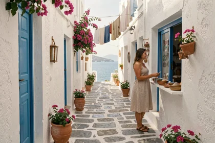 Ruelles blanchies à la chaux du village de Tinos avec voyageuse solitaire et bougainvillées roses, ambiance authentique des Cyclades hors des sentiers battus