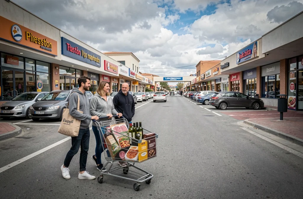 Groupe de touristes faisant leurs courses dans la zone commerciale de Dancharia à la frontière espagnole