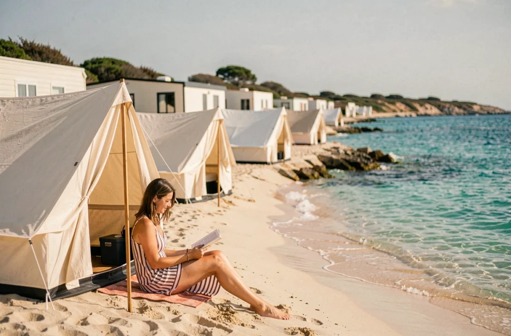 Tentes de camping en bord de plage sur l'île de Ré au camping Amis de la Plage les pieds dans l'eau
