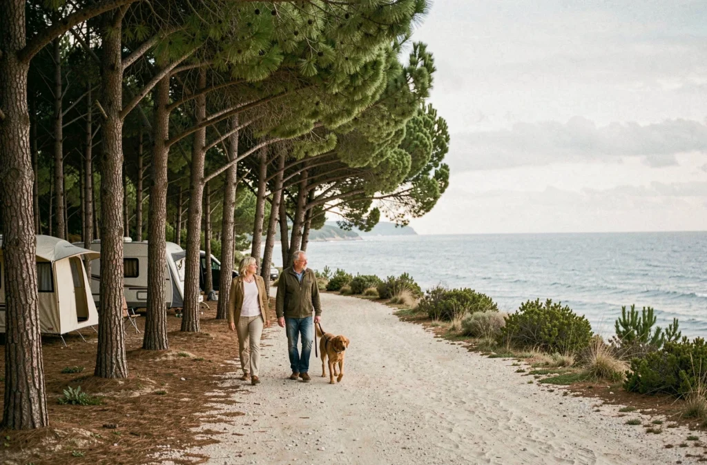 Allée de camping entre forêt de pins et vue sur l'océan Atlantique au camping Campéole Les Tourterelles