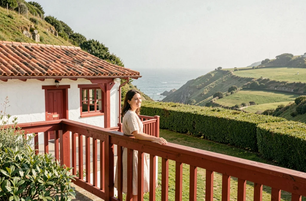 Architecture basque traditionnelle du camping Harrobia à Bidart avec vue sur l'océan
