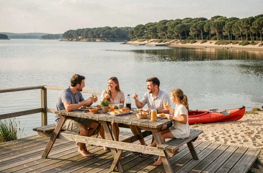 Terrasse familiale au bord du bassin d'Arcachon au camping La Palombière avec repas en famille