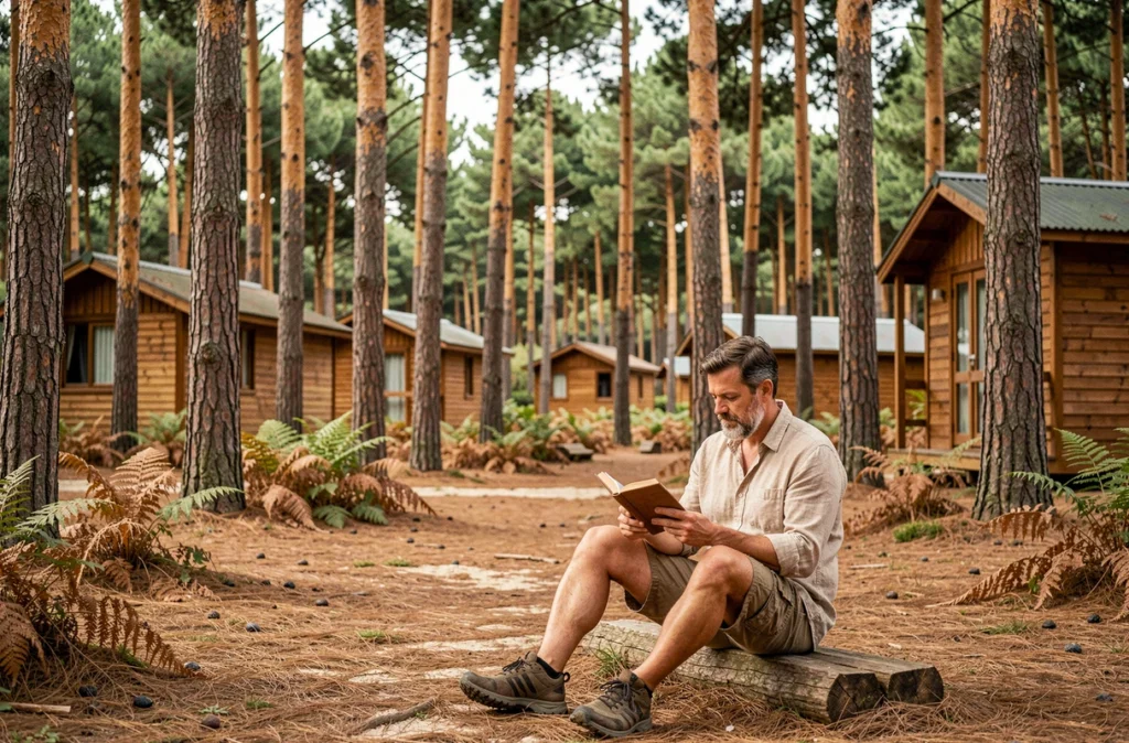 Clairière de pins préservée avec chalets en bois du camping Les Pins Bleus sur la Côte d'Argent