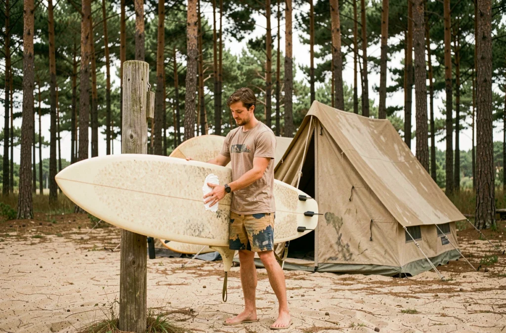 Surfeur préparant sa planche dans un camping naturel sous les pins des Landes