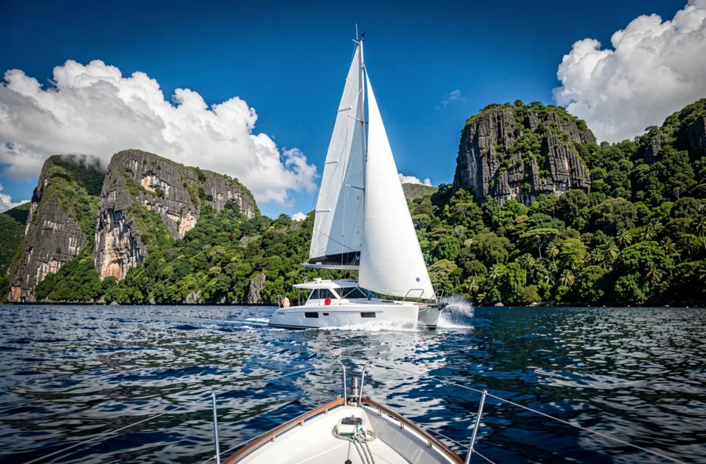 Catamaran naviguant sous voiles le long de la côte sauvage de la presqu'île de la Caravelle en Martinique