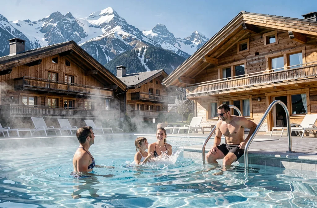 Chalets de la Serraz en Savoie avec piscine chauffée extérieure et panorama sur les sommets alpins