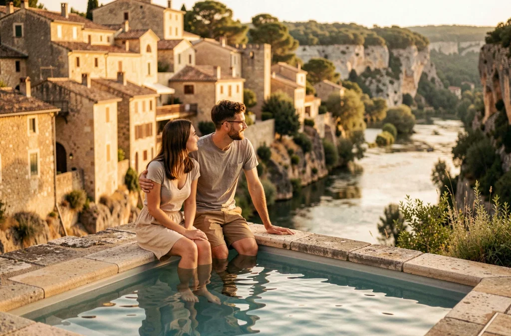 Piscine du Clos de Balazuc avec vue sur le village médiéval et la rivière Ardèche