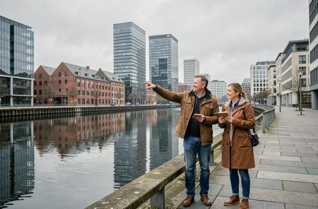 Couple explorant le bord de rivière moderne d'une grande ville allemande pour choisir leur lieu de résidence