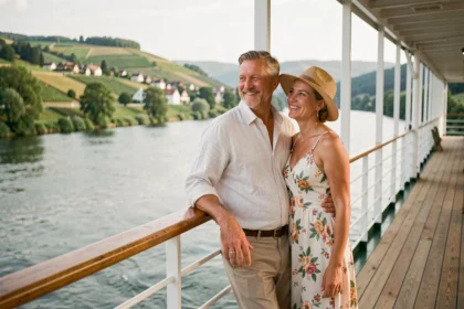 Couple souriant sur le pont d'un bateau de croisière fluviale sur le Rhin, avec des vignobles en arrière-plan