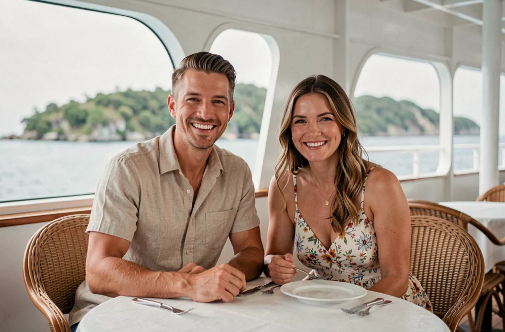 Couple profitant d'un dîner en terrasse sur un bateau de croisière Club Med avec vue sur une île caribéenne