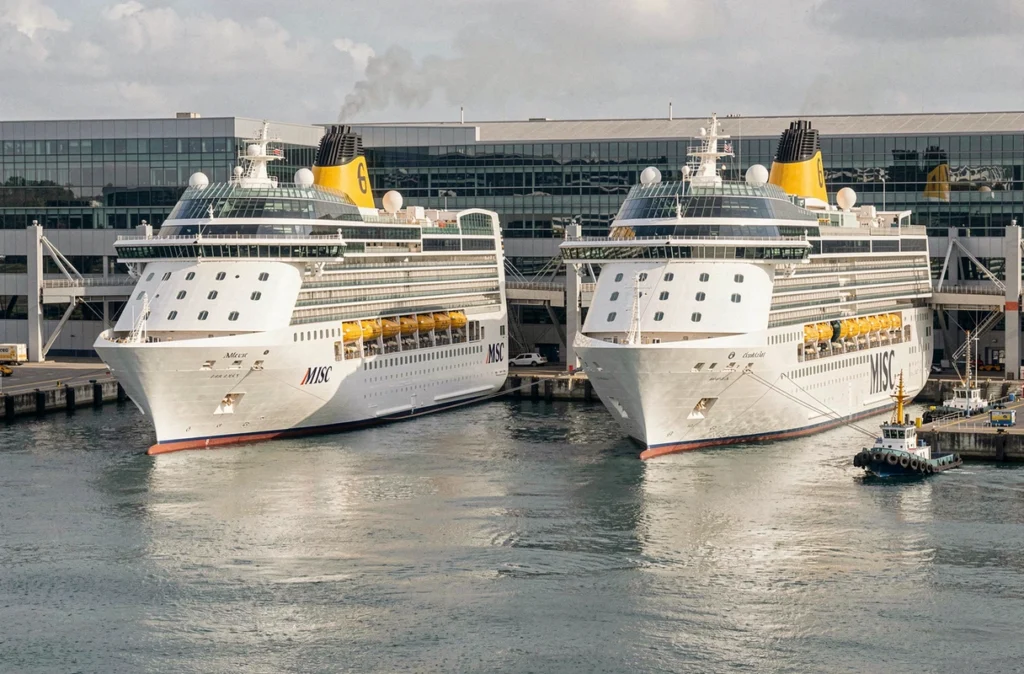 Deux paquebots MSC Croisières côte à côte dans un terminal portuaire international avec infrastructures modernes