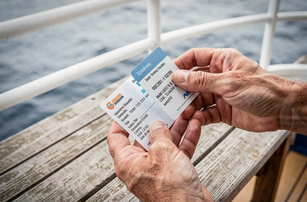 Mains tenant une carte d'embarquement de croisière et un document d'assurance sur le pont d'un navire en mer