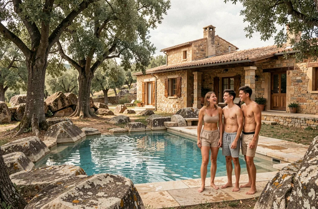 Piscine naturelle du Domaine de Briange en Ardèche avec mas en pierre et châtaigniers