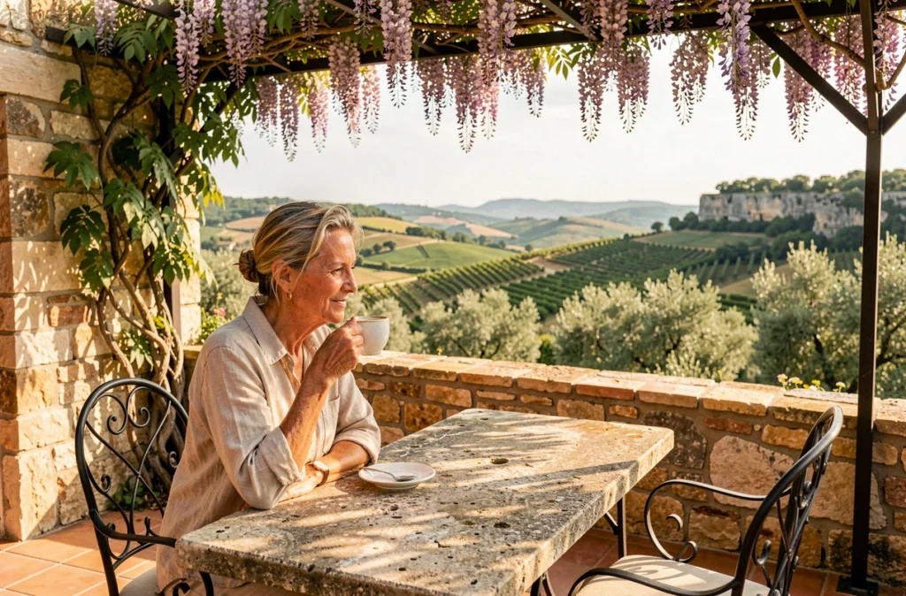 Terrasse piscine du Domaine Lou Capitelle en Ardèche avec vue sur la vallée et les vignes