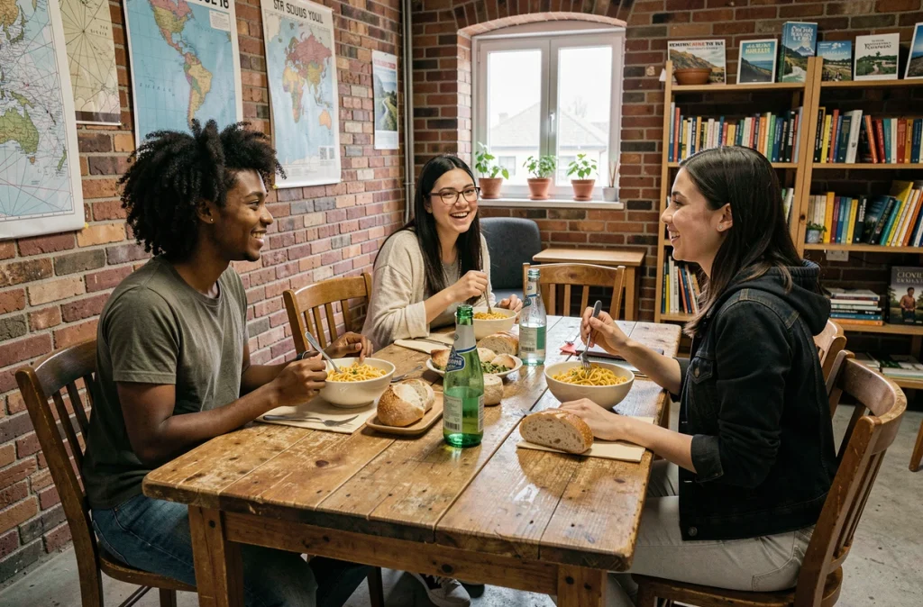 Jeunes voyageurs internationaux partageant un repas dans un auberge de jeunesse conviviale, illustrant l'échange culturel favorisé par une association de voyage