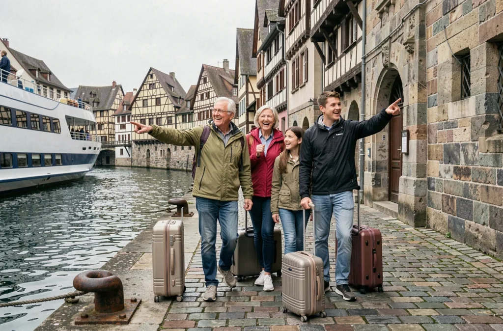 Famille multigénérationnelle débarquant d'un bateau de croisière fluviale sur un quai historique en Alsace