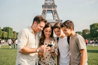 Famille française souriante devant la Tour Eiffel consultant un guide de visite sur smartphone