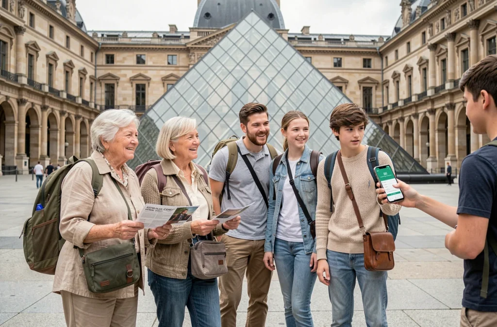 Famille multigénérationnelle présentant des billets coupe-file à l'entrée du musée du Louvre