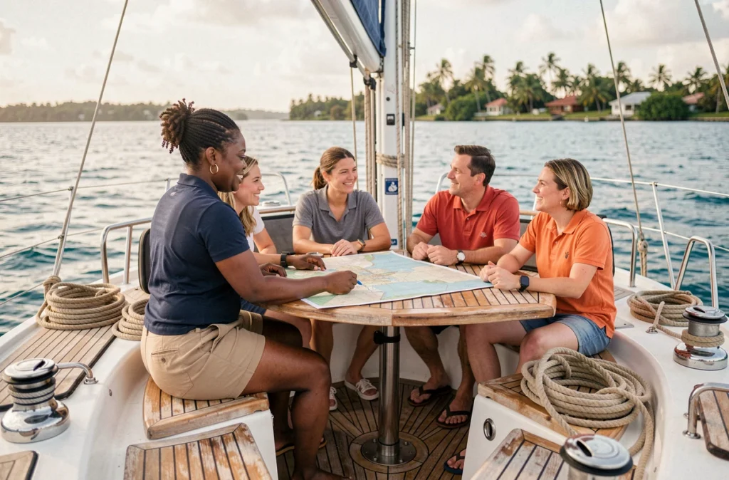 Guide de croisière expliquant une carte nautique à des touristes dans le cockpit d'un catamaran en Martinique