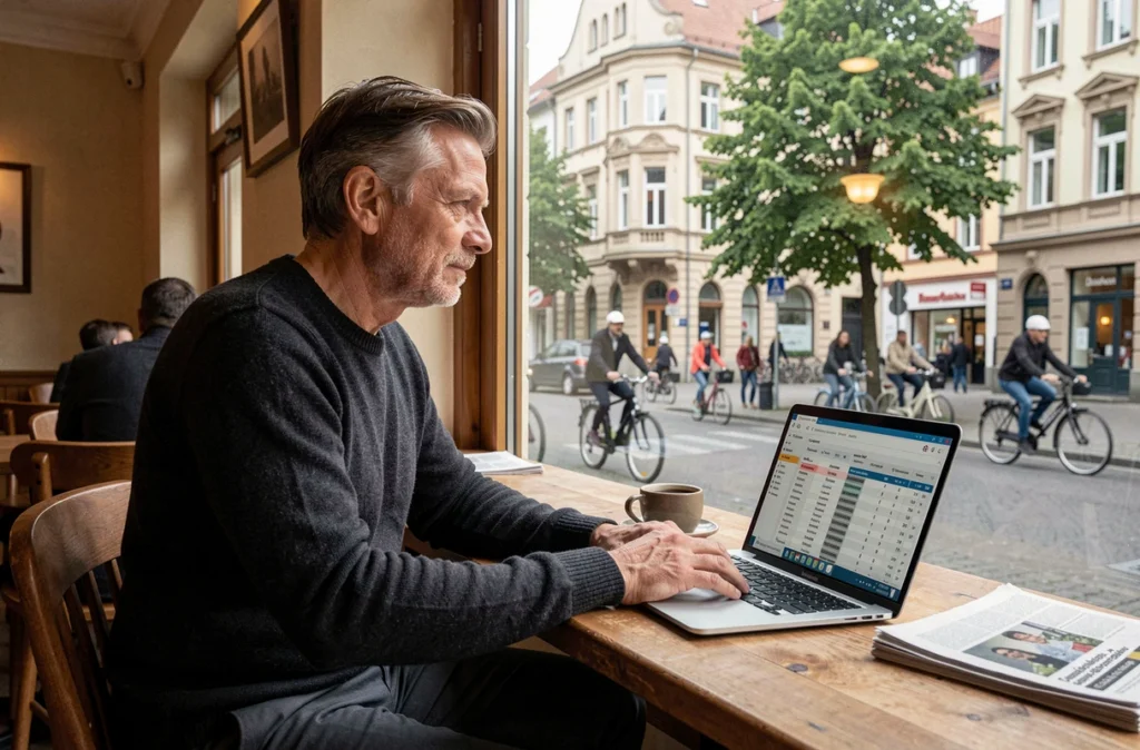 Homme comparant des villes allemandes sur son ordinateur portable dans un café avec vue sur un quartier résidentiel