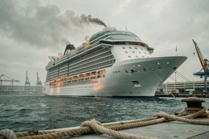 Bateau de croisière amarré dans un port avec une légère fumée s'échappant du pont supérieur, illustrant un incendie à bord