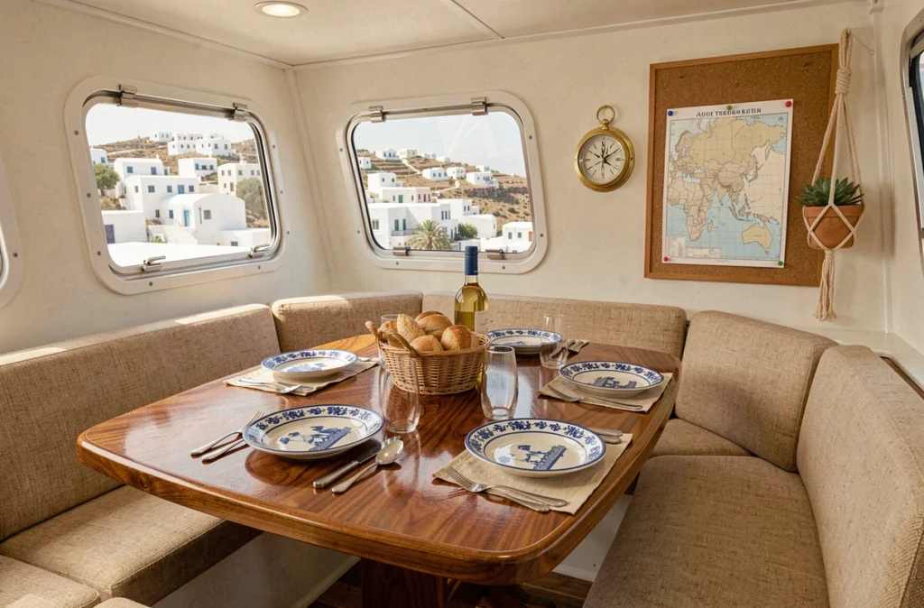 Salle à manger intérieure d'un petit bateau de croisière dans les îles grecques avec vue sur un village cycladique